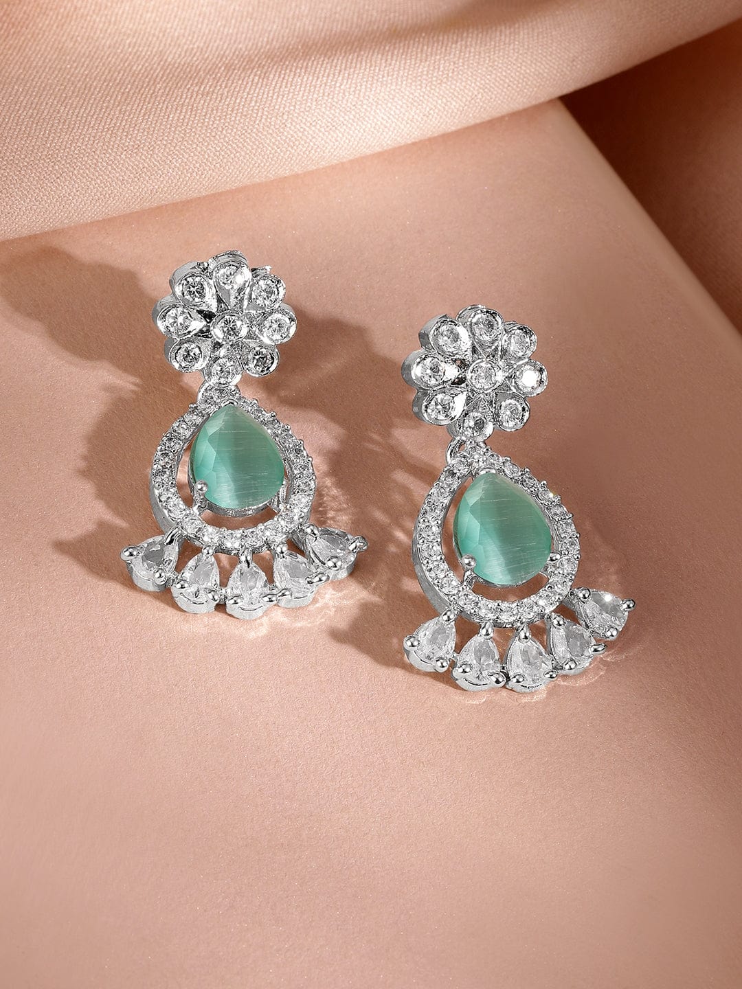 Rubans Rhodium-Plated Pastel Green AD & Cubic Zirconia Studded Necklace Set