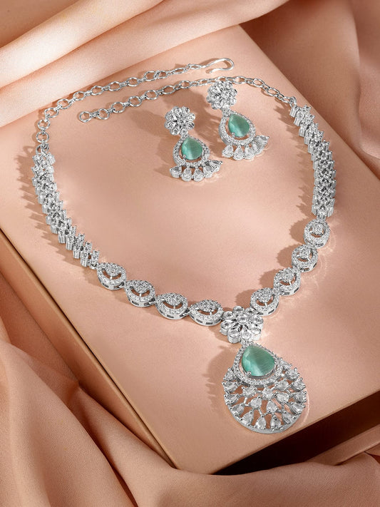 Rubans Rhodium-Plated Pastel Green AD & Cubic Zirconia Studded Necklace Set