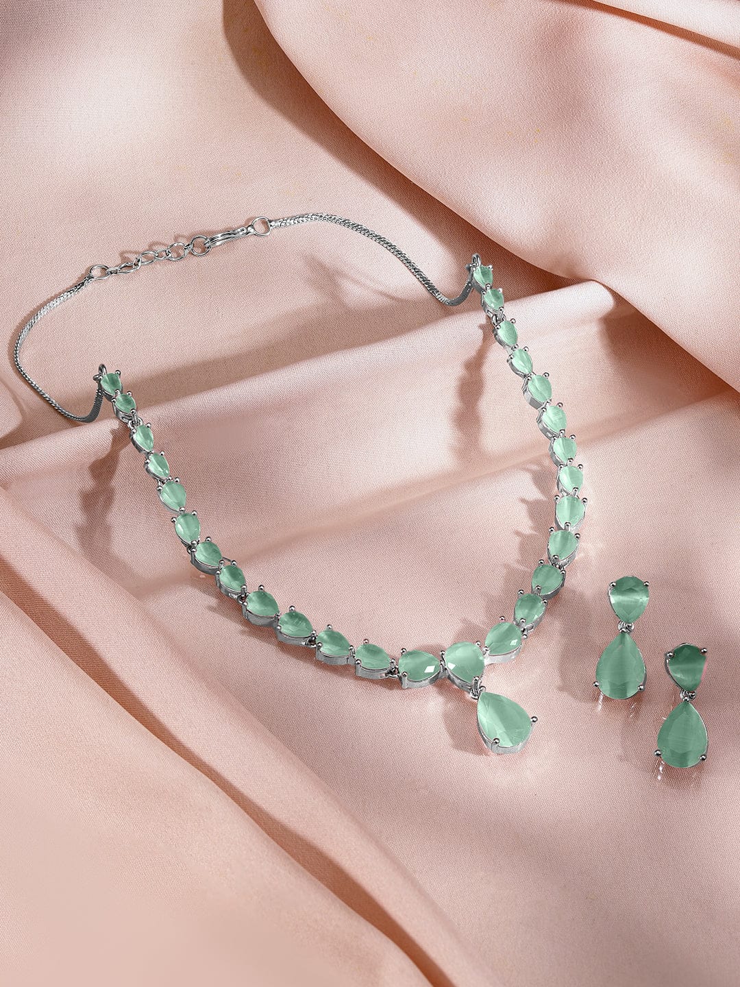 Rubans Rhodium-Plated Pastel Green AD & Cubic Zirconia Studded Necklace Set