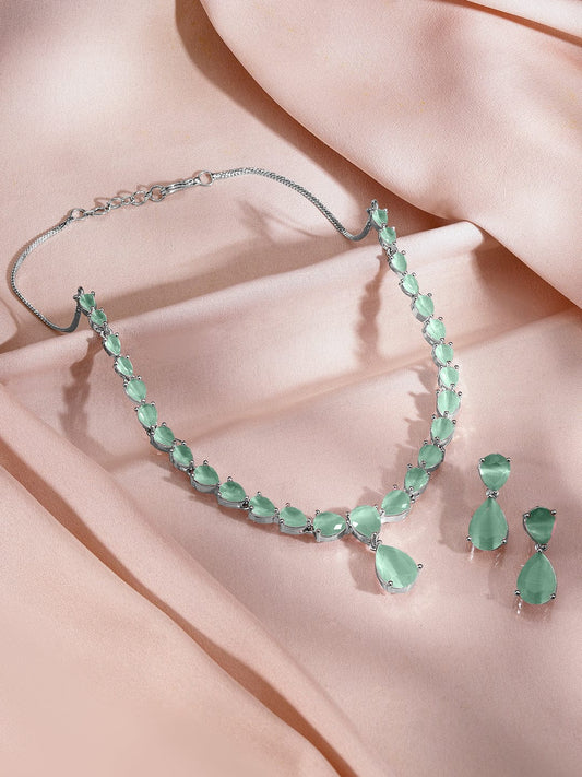 Rubans Rhodium-Plated Pastel Green AD & Cubic Zirconia Studded Necklace Set