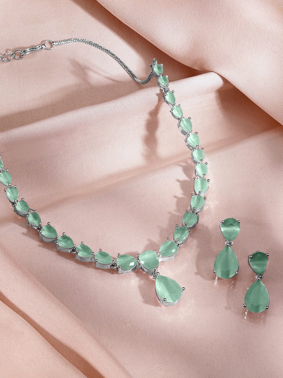Rubans Rhodium-Plated Pastel Green AD & Cubic Zirconia Studded Necklace Set