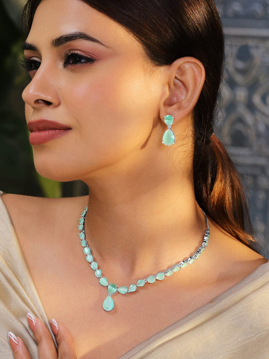 Rubans Rhodium-Plated Pastel Green AD & Cubic Zirconia Studded Necklace Set