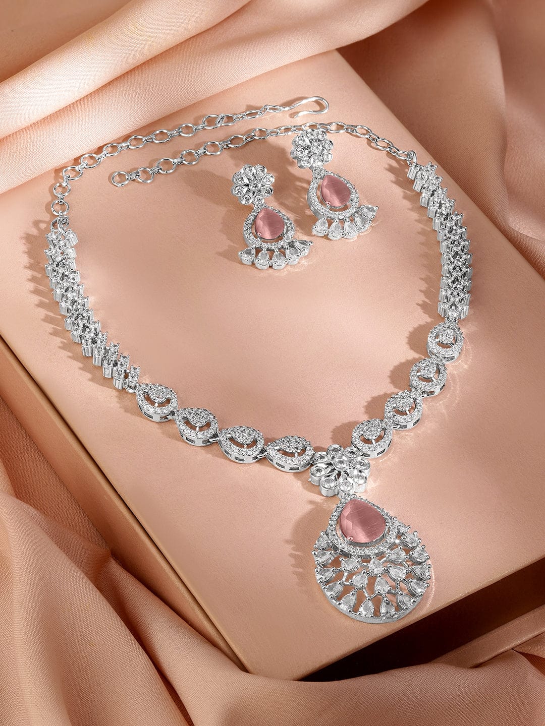 Rubans Rhodium-Plated Pastel Pink AD & Cubic Zirconia Studded Necklace Set