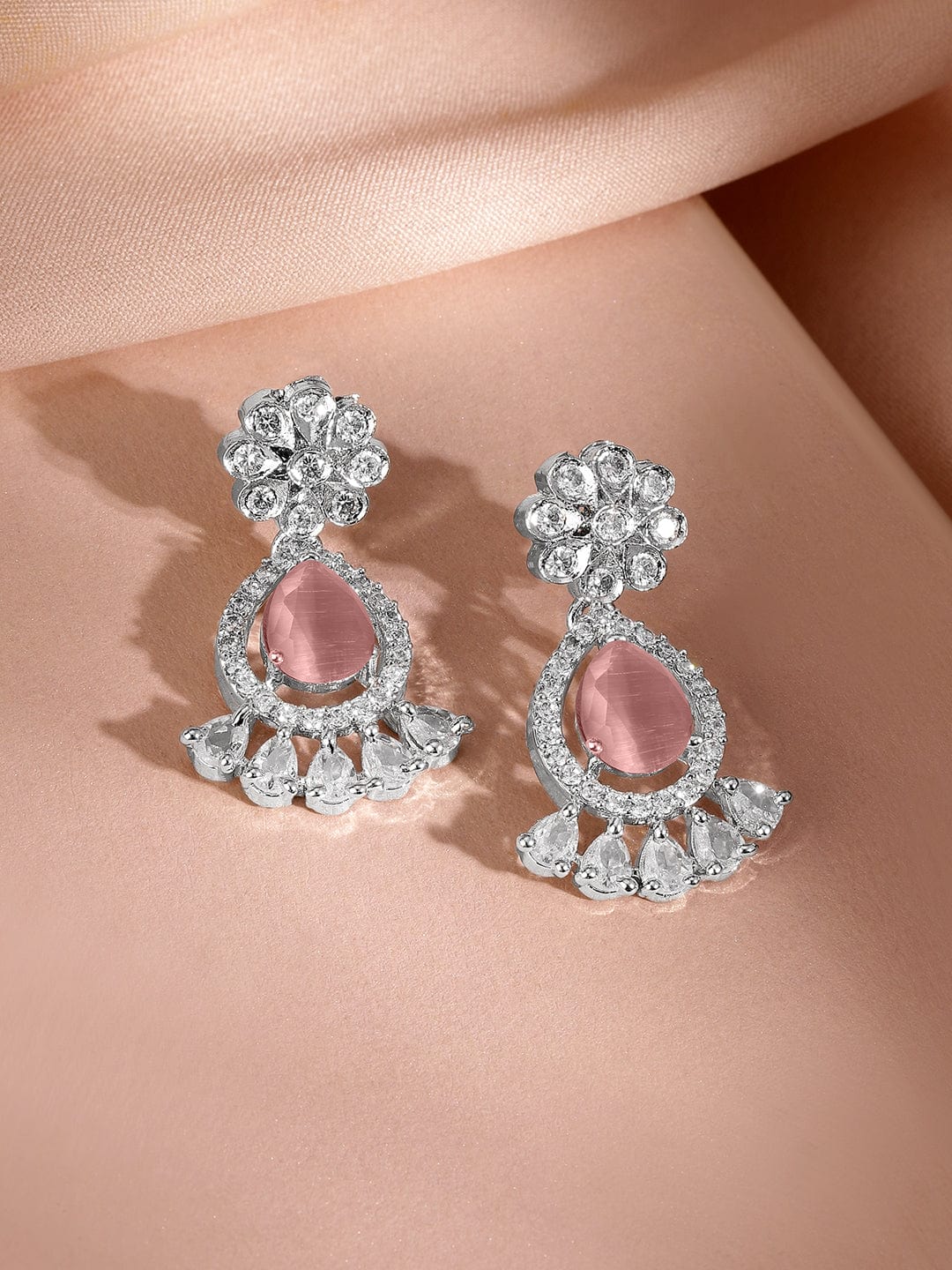 Rubans Rhodium-Plated Pastel Pink AD & Cubic Zirconia Studded Necklace Set