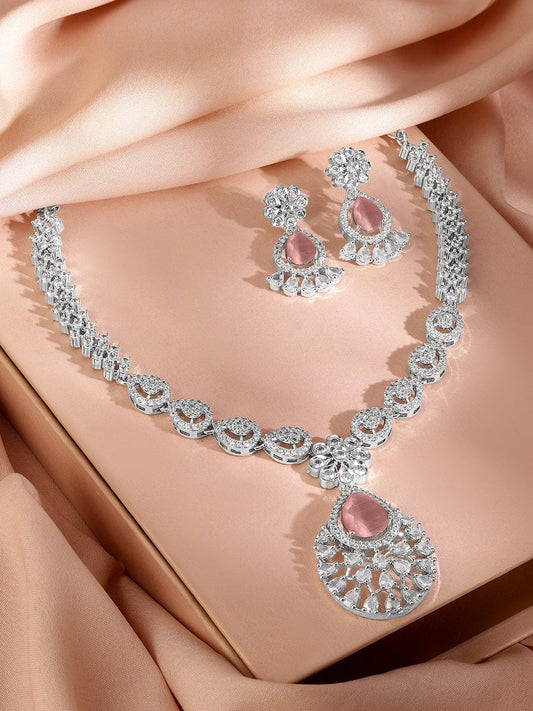 Rubans Rhodium-Plated Pastel Pink AD & Cubic Zirconia Studded Necklace Set