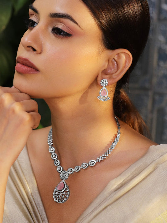 Rubans Rhodium-Plated Pastel Pink AD & Cubic Zirconia Studded Necklace Set