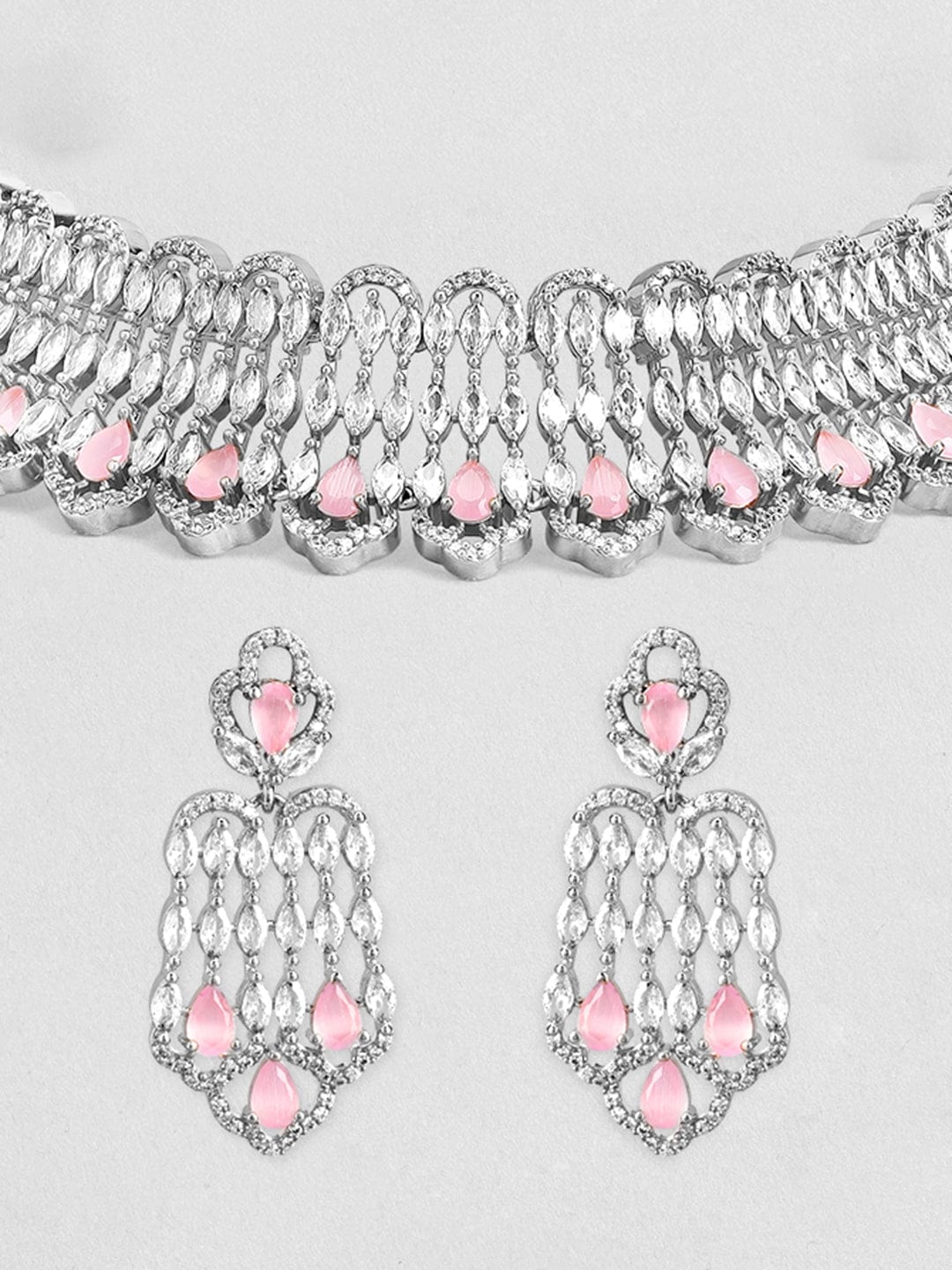 Rubans Rhodium-Plated Pastel Pink AD Stone & Cubic Zirconia Studded Choker Necklace Set