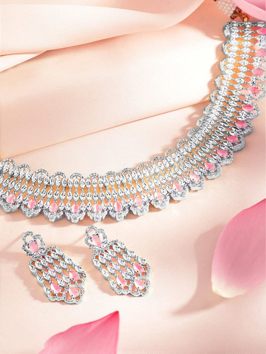 Rubans Rhodium-Plated Pastel Pink AD Stone & Cubic Zirconia Studded Choker Necklace Set