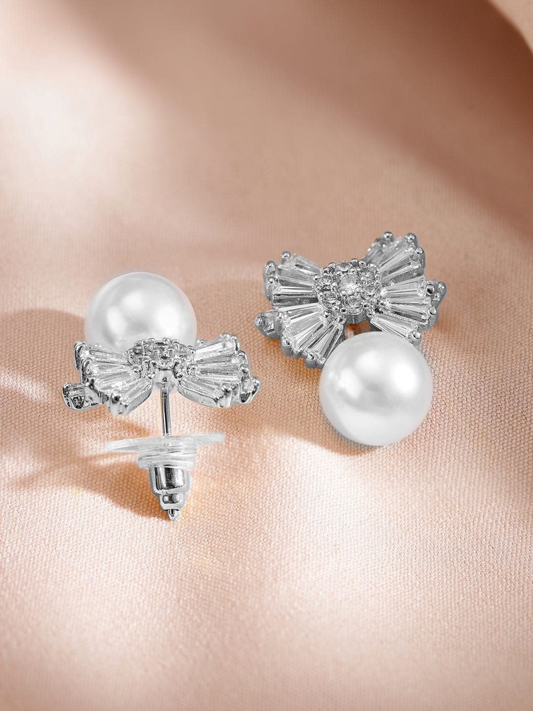 Rubans Rhodium-Plated Pearl and Crystal Bow Pendant Necklace and Earrings