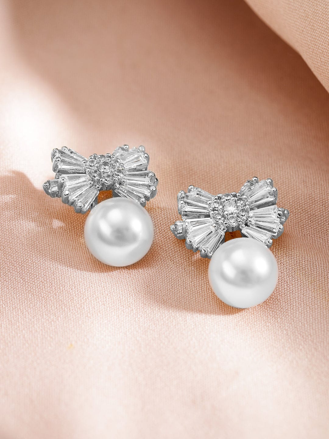 Rubans Rhodium-Plated Pearl and Crystal Bow Pendant Necklace and Earrings