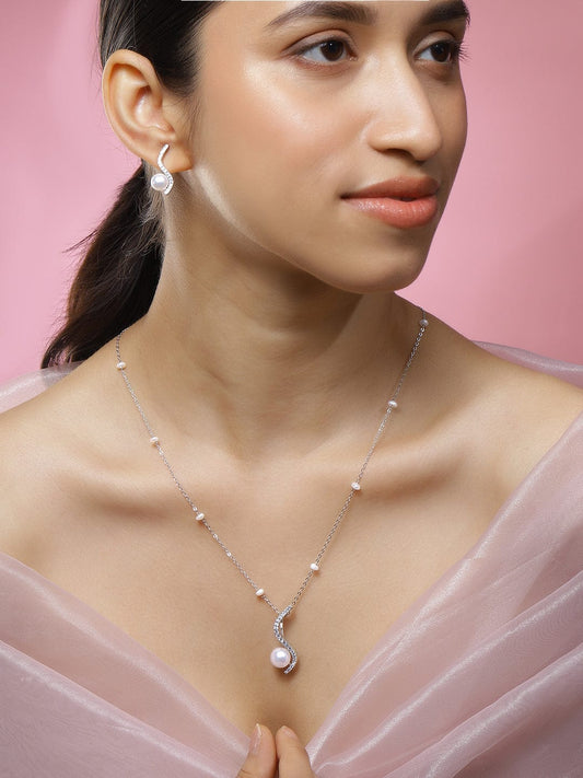 Rubans Rhodium-Plated Pearl & White Cubic Zirconia Pendant Necklace Set