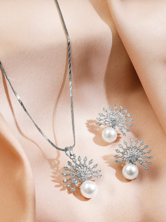 Rubans Rhodium-Plated Pearl & White Cubic Zirconia Studded Sunburst Pendant Necklace Set in Silver Tone