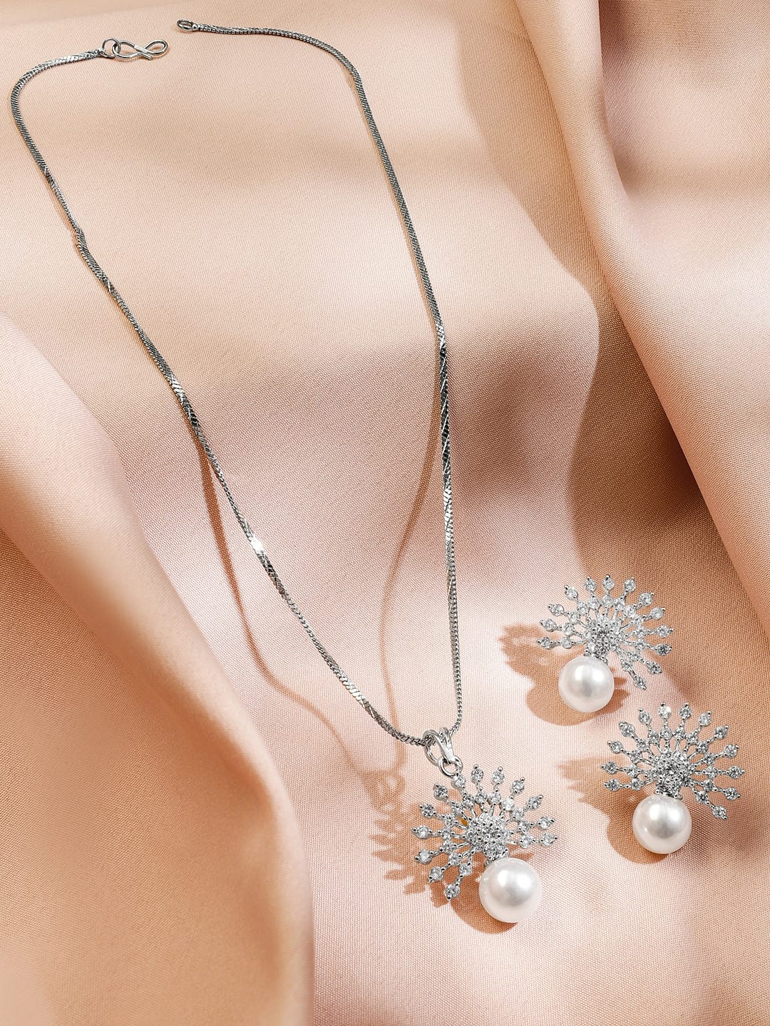 Rubans Rhodium-Plated Pearl & White Cubic Zirconia Studded Sunburst Pendant Necklace Set in Silver Tone