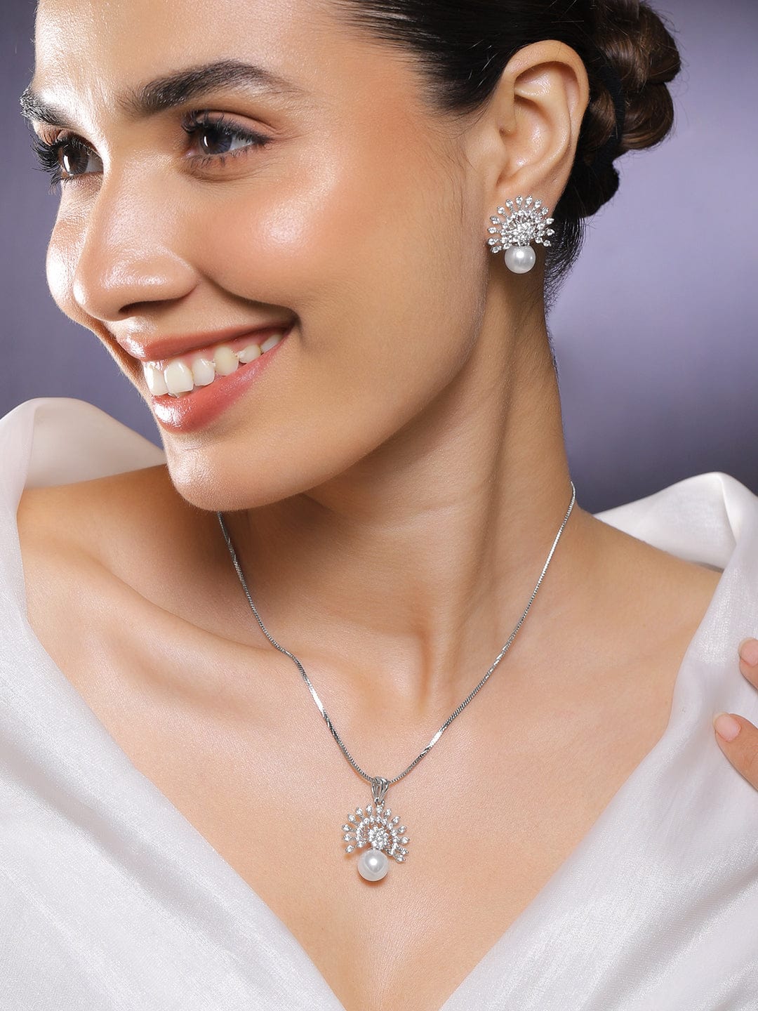 Rubans Rhodium-Plated Pearl & White Cubic Zirconia Studded Sunburst Pendant Necklace Set in Silver Tone
