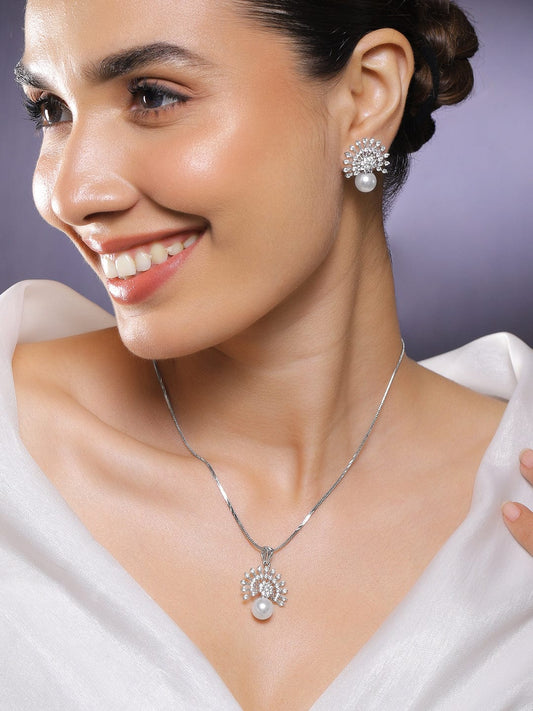 Rubans Rhodium-Plated Pearl & White Cubic Zirconia Studded Sunburst Pendant Necklace Set in Silver Tone