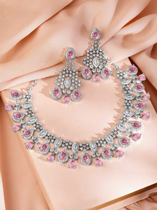 Rubans Rhodium-Plated Pink AD & Cubic Zirconia Studded Statement Necklace Set