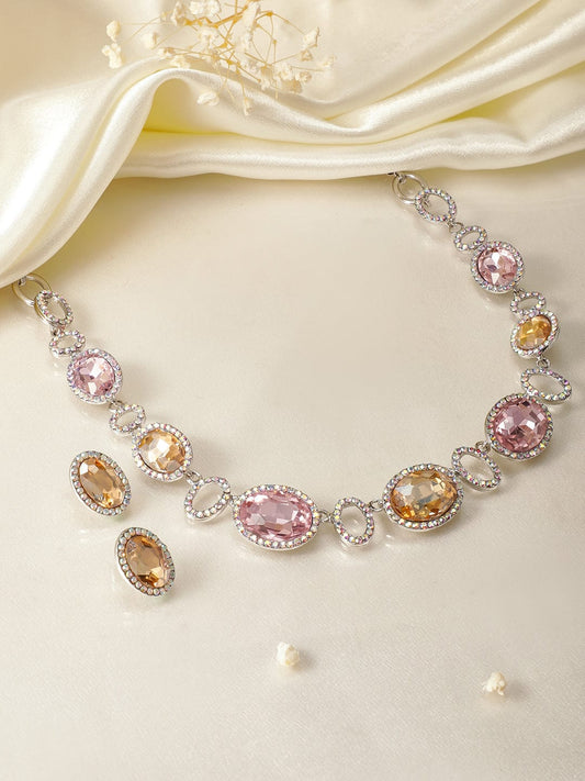 Rubans Rhodium Plated Pink & Golden Oval Cubic Zirconia Studded Statement Necklace Set