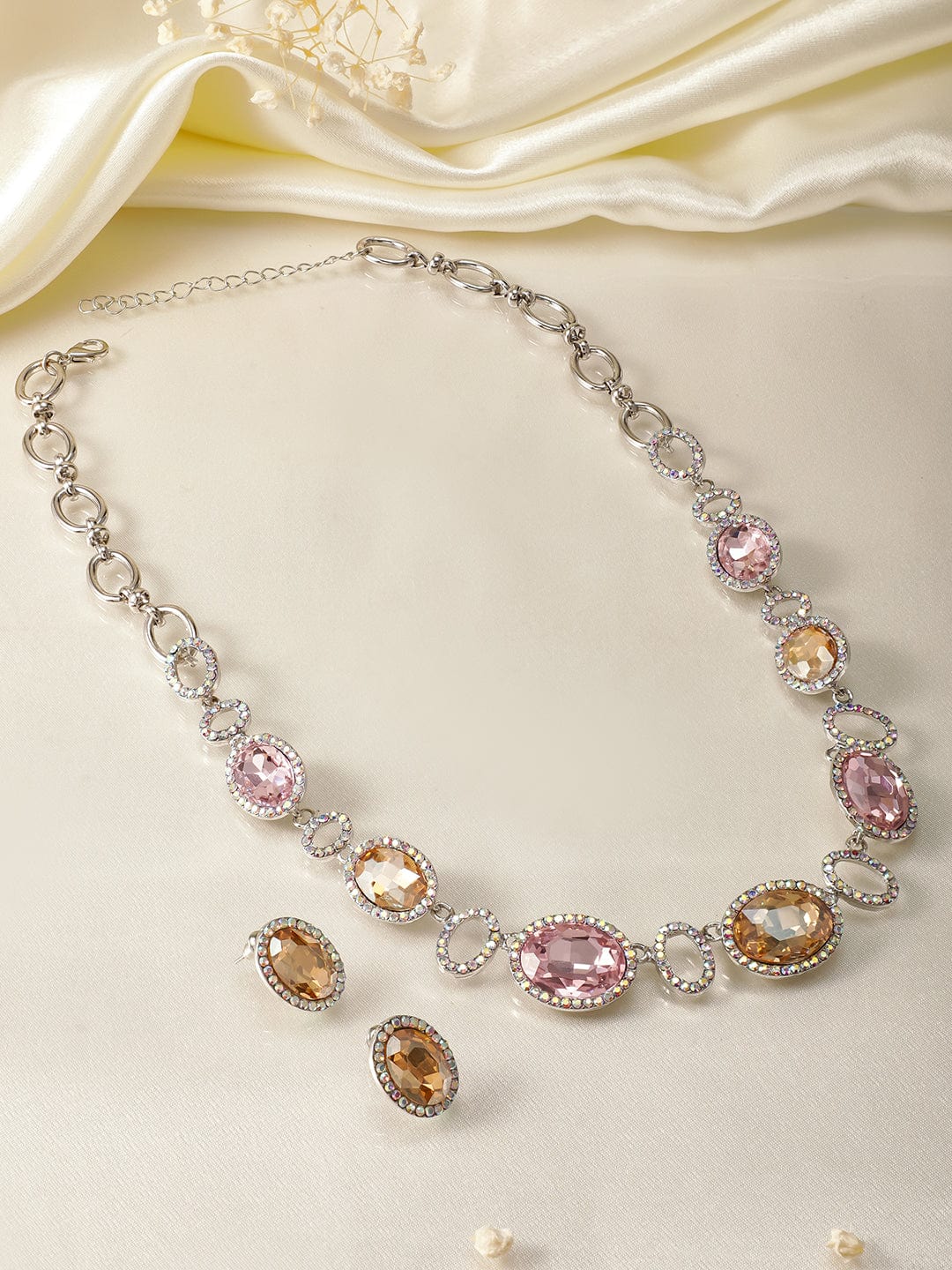 Rubans Rhodium Plated Pink & Golden Oval Cubic Zirconia Studded Statement Necklace Set