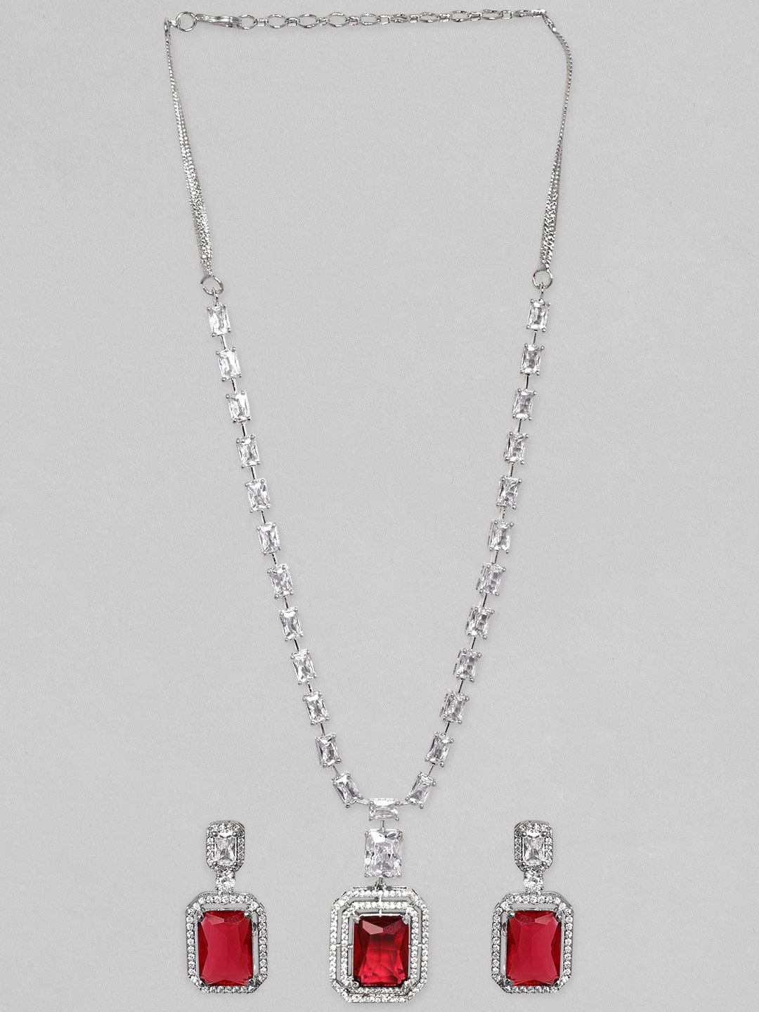 Rubans Rhodium-Plated Ruby Red & White Cubic Zirconia Studded Premium Statement Necklace Set