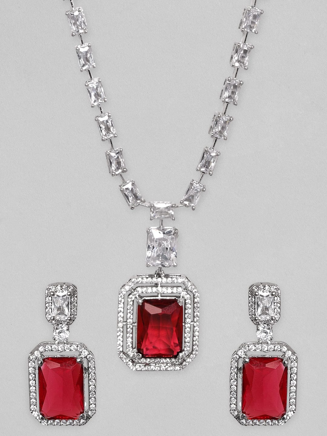 Rubans Rhodium-Plated Ruby Red & White Cubic Zirconia Studded Premium Statement Necklace Set