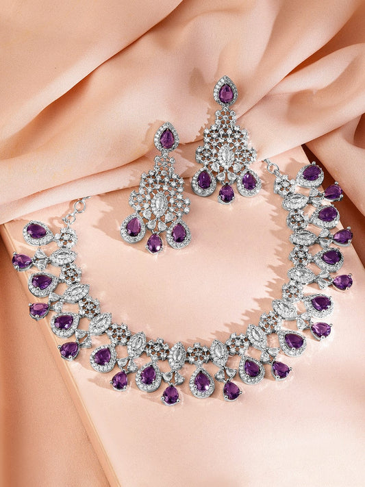 Rubans Rhodium-Plated Purple Sapphire & Cubic Zirconia Studded Premium Necklace Set