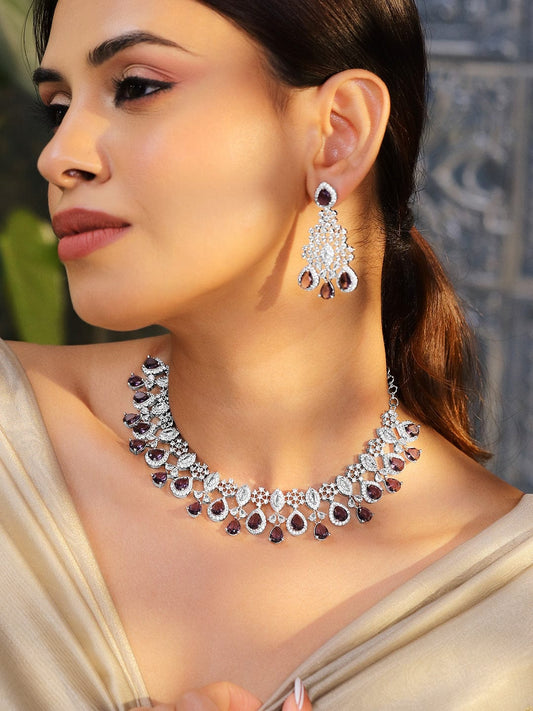 Rubans Rhodium-Plated Purple Sapphire & Cubic Zirconia Studded Premium Necklace Set