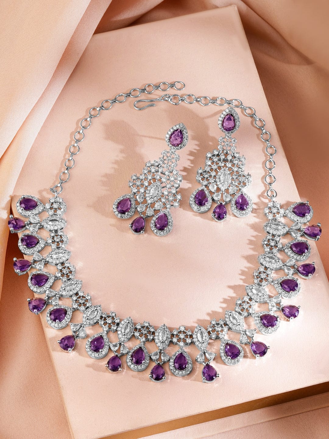 Rubans Rhodium-Plated Purple Sapphire & Cubic Zirconia Studded Premium Necklace Set
