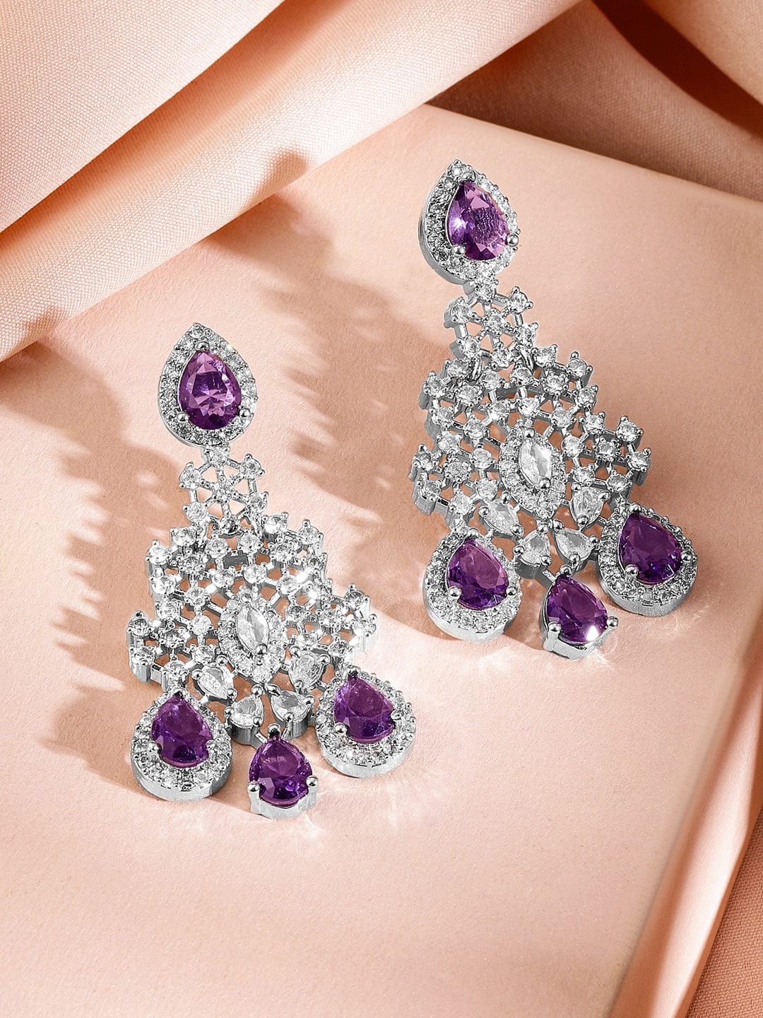 Rubans Rhodium-Plated Purple Sapphire & Cubic Zirconia Studded Premium Necklace Set