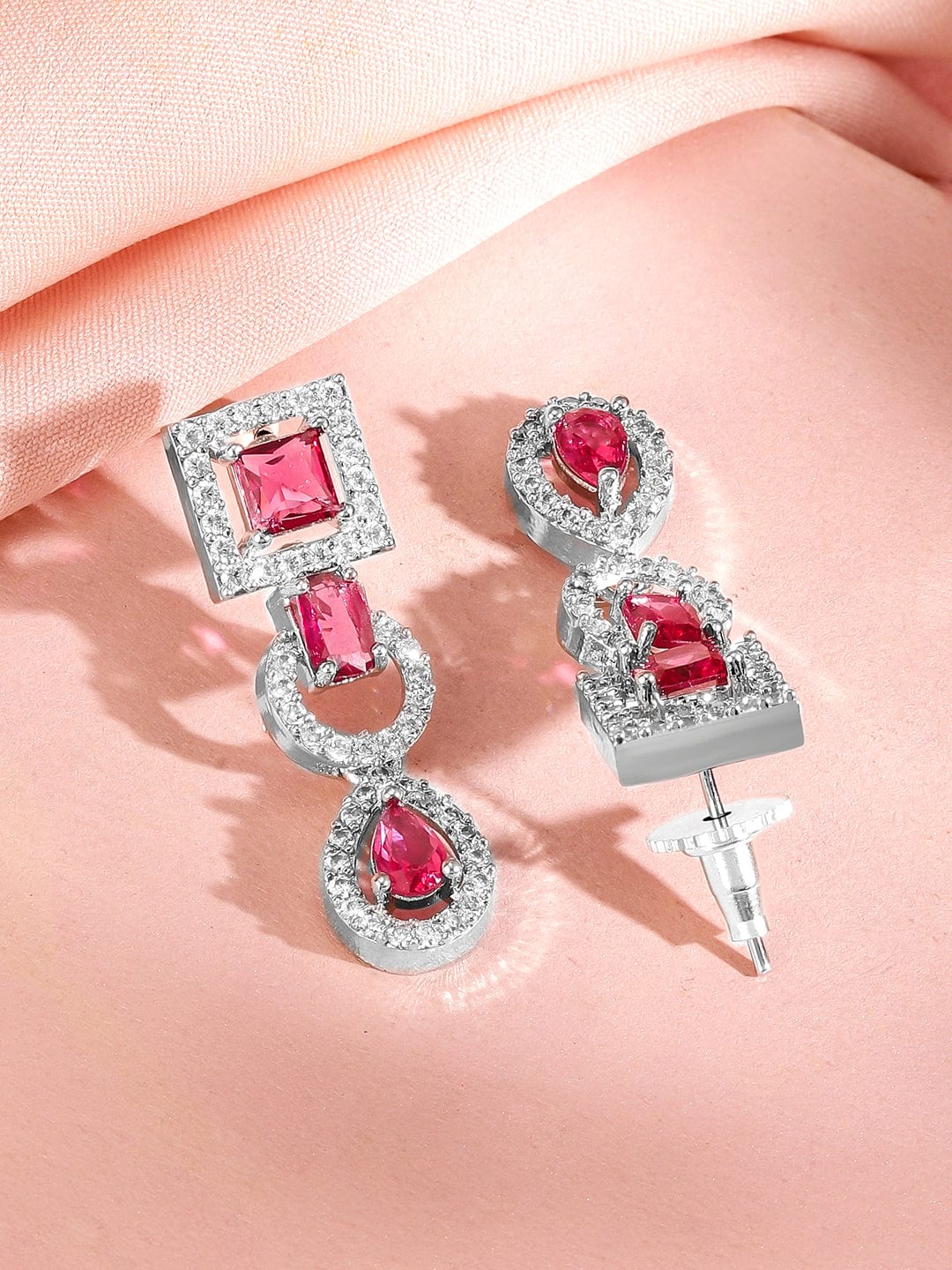 Rubans Rhodium-Plated Ruby Pink AD & Cubic Zirconia Studded Necklace Set