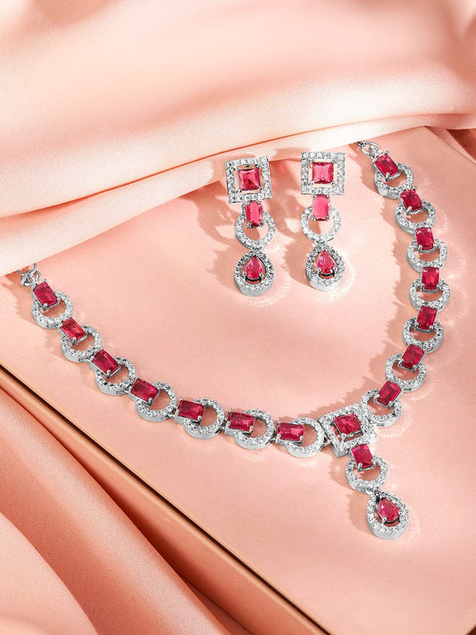 Rubans Rhodium-Plated Ruby Pink AD & Cubic Zirconia Studded Necklace Set