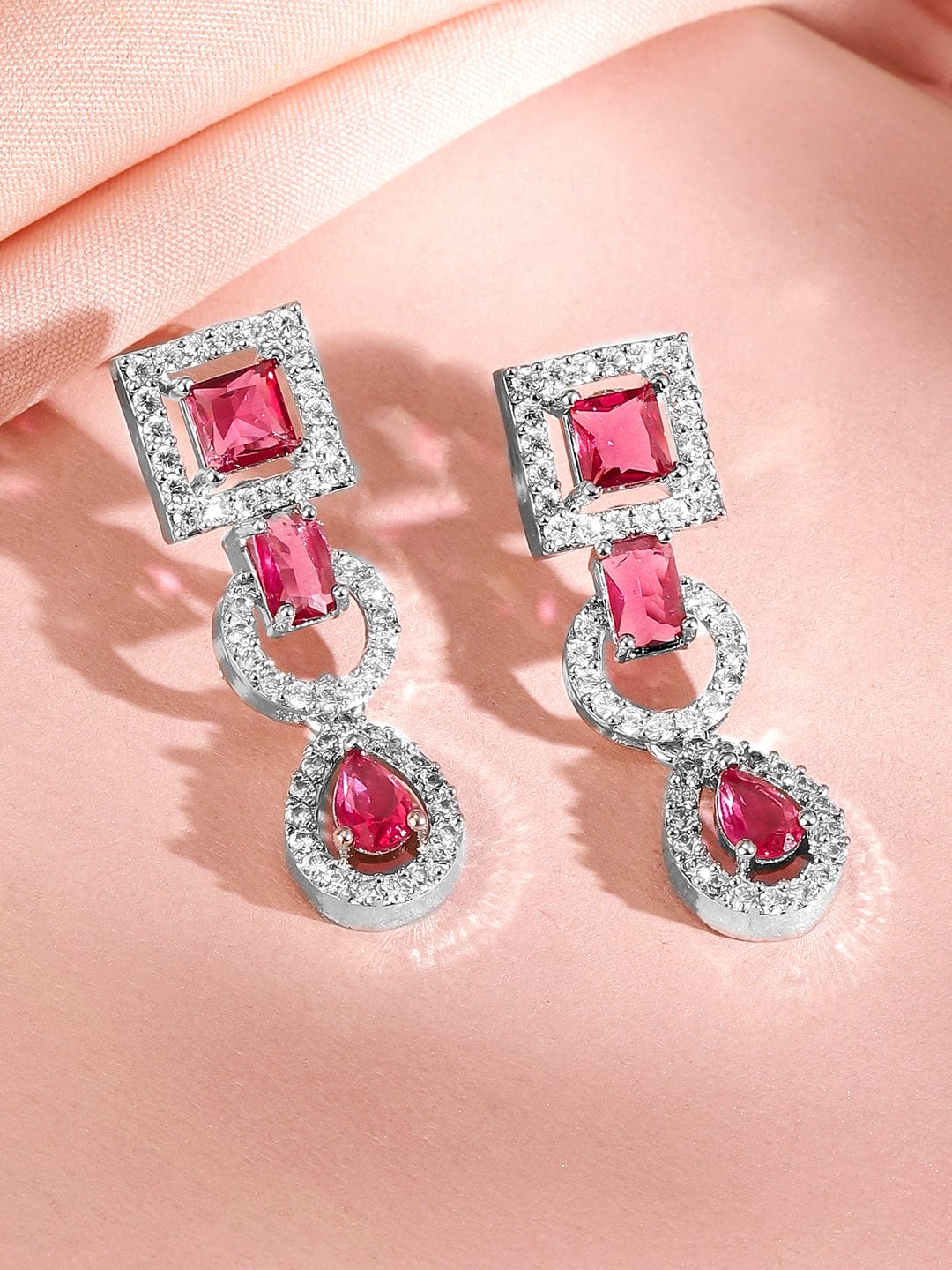 Rubans Rhodium-Plated Ruby Pink AD & Cubic Zirconia Studded Necklace Set