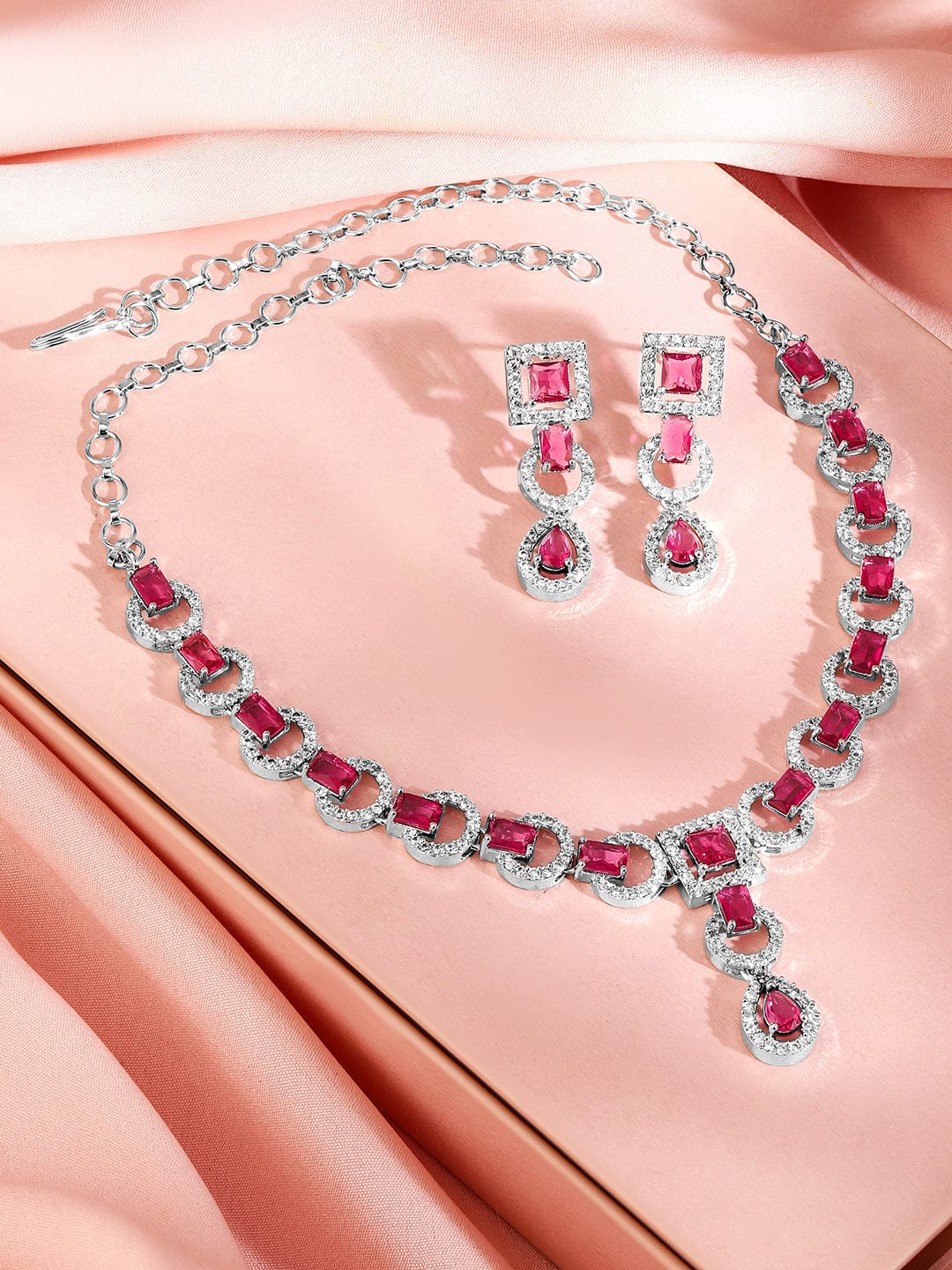 Rubans Rhodium-Plated Ruby Pink AD & Cubic Zirconia Studded Necklace Set