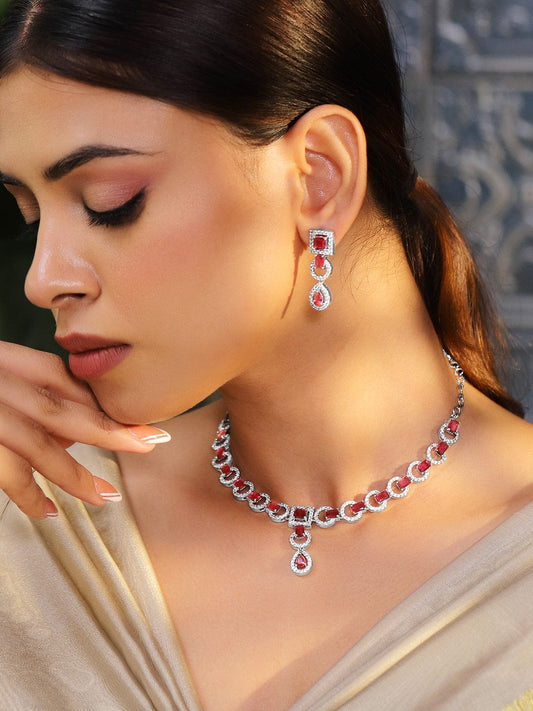 Rubans Rhodium-Plated Ruby Pink AD & Cubic Zirconia Studded Necklace Set