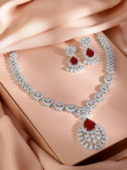 Rubans Rhodium-Plated Ruby Red AD & Cubic Zirconia Studded Necklace Set
