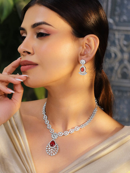 Rubans Rhodium-Plated Ruby Red AD & Cubic Zirconia Studded Necklace Set