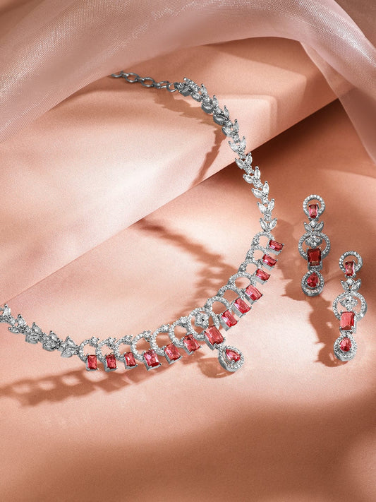 Rubans Rhodium-Plated Ruby Red & White Cubic Zirconia Studded Elegant Necklace Set