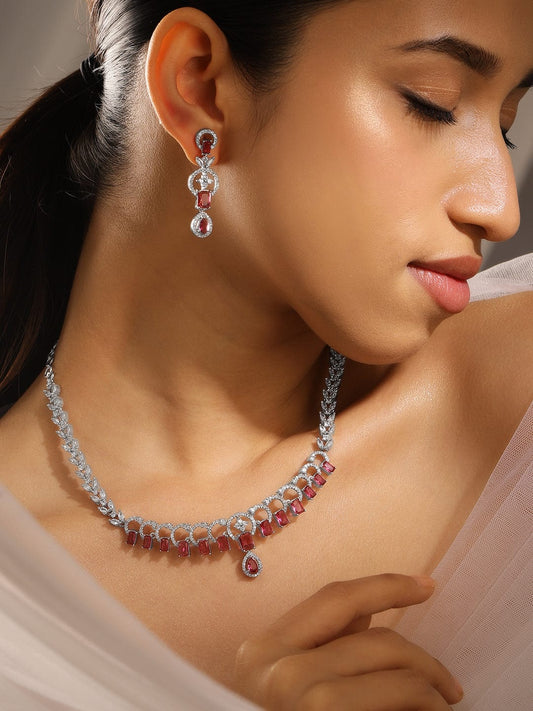 Rubans Rhodium-Plated Ruby Red & White Cubic Zirconia Studded Elegant Necklace Set