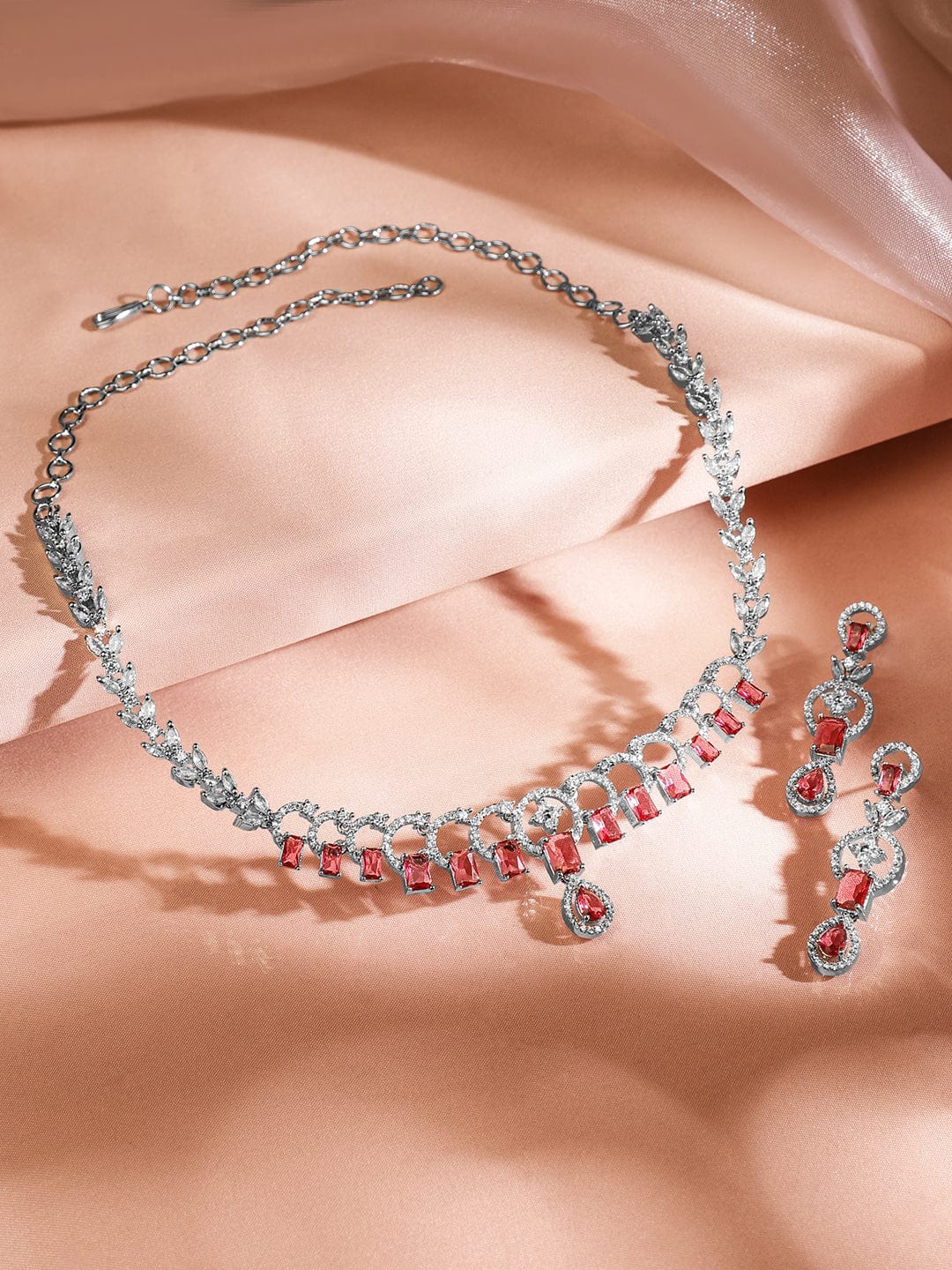 Rubans Rhodium-Plated Ruby Red & White Cubic Zirconia Studded Elegant Necklace Set