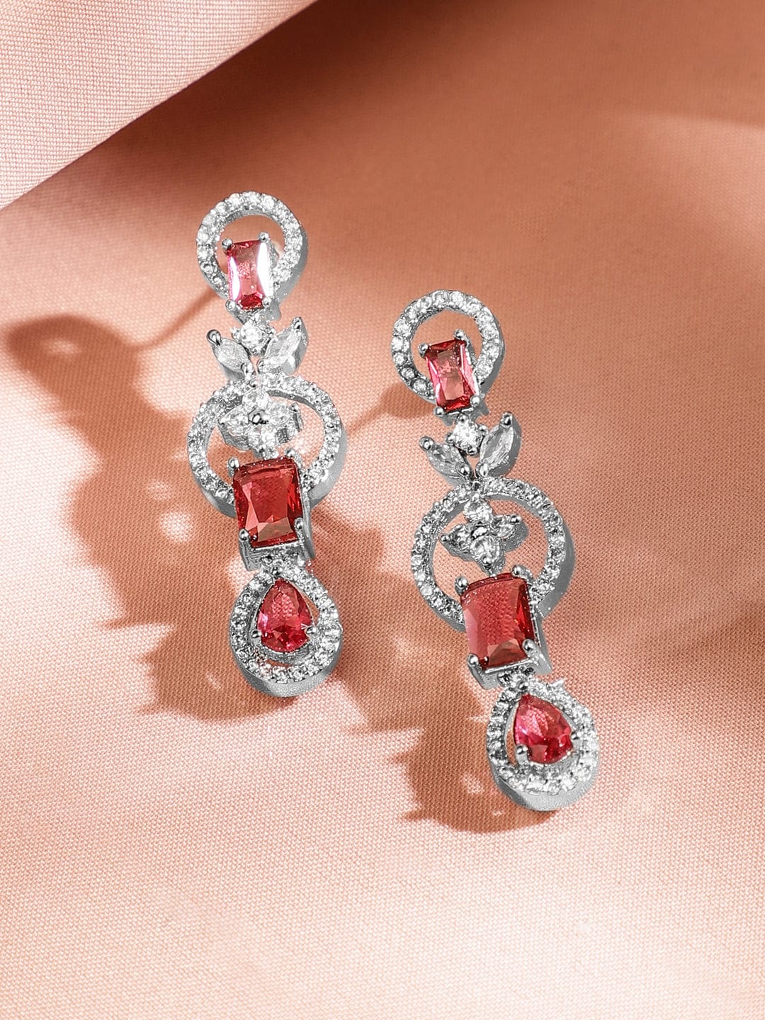 Rubans Rhodium-Plated Ruby Red & White Cubic Zirconia Studded Elegant Necklace Set
