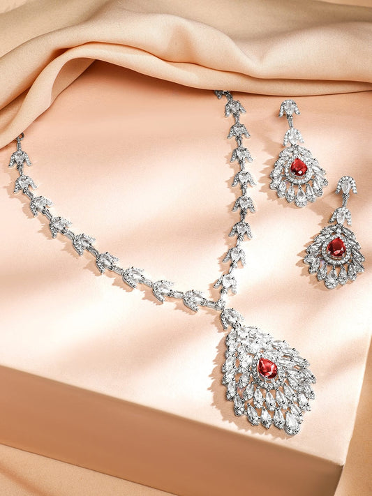 Rubans Rhodium-Plated Ruby Red & White Cubic Zirconia Studded Luxe Drop Necklace Set