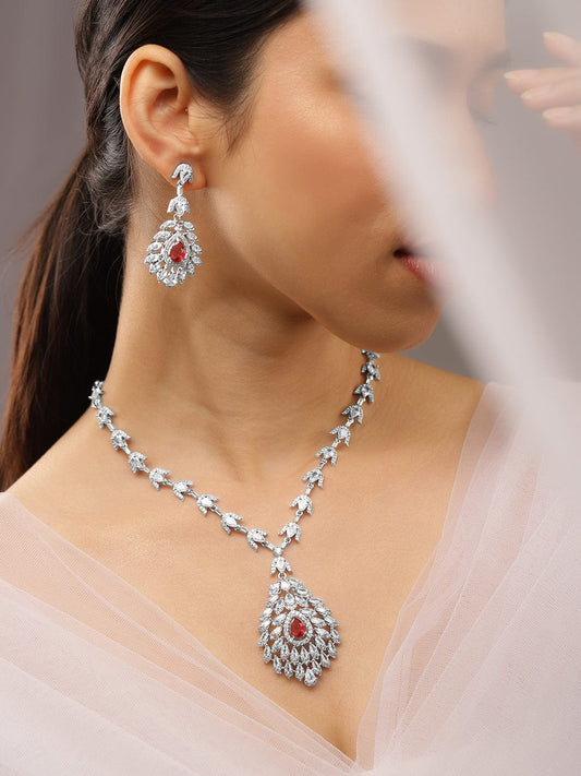 Rubans Rhodium-Plated Ruby Red & White Cubic Zirconia Studded Luxe Drop Necklace Set