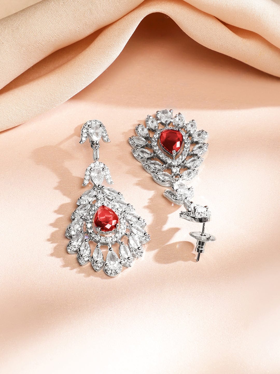 Rubans Rhodium-Plated Ruby Red & White Cubic Zirconia Studded Luxe Drop Necklace Set