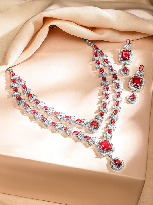 Rubans Rhodium-Plated Ruby Red & White Cubic Zirconia Studded Luxe Layered Necklace Set