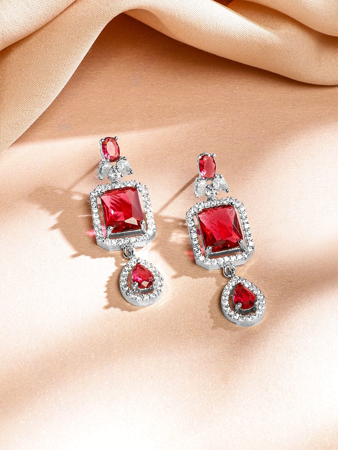 Rubans Rhodium-Plated Ruby Red & White Cubic Zirconia Studded Luxe Layered Necklace Set