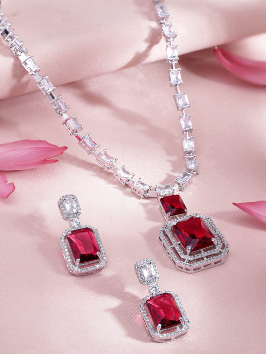 Rubans Rhodium-Plated Ruby Red & White Cubic Zirconia Studded Premium Statement Necklace Set