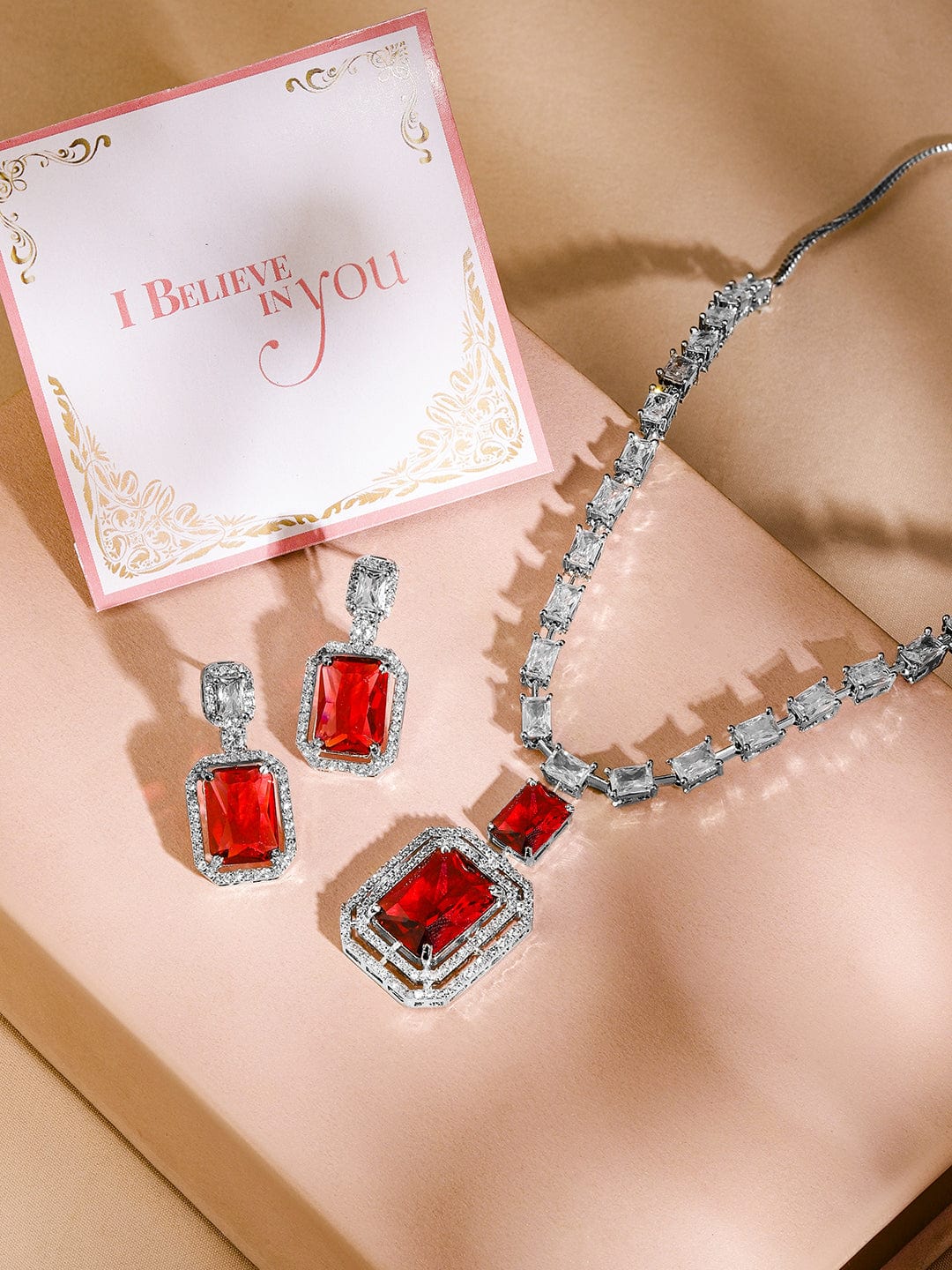 Rubans Rhodium-Plated Ruby Red & White Cubic Zirconia Studded Premium Statement Necklace Set