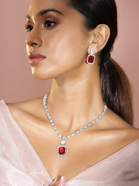 Rubans Rhodium-Plated Ruby Red & White Cubic Zirconia Studded Premium Statement Necklace Set