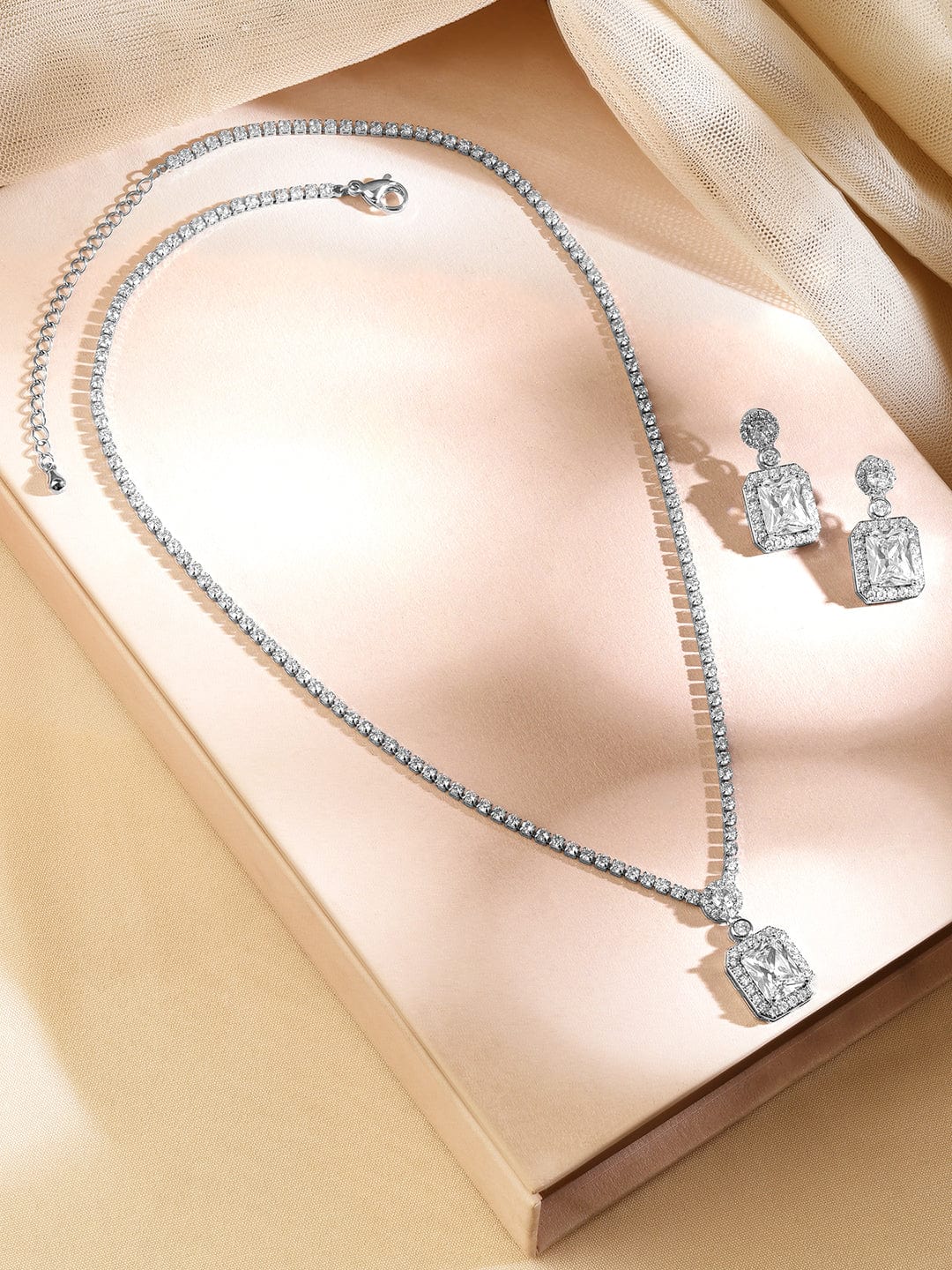 Rubans Rhodium-Plated Sparkling Cubic Zirconia Studded Pendant Necklace Set