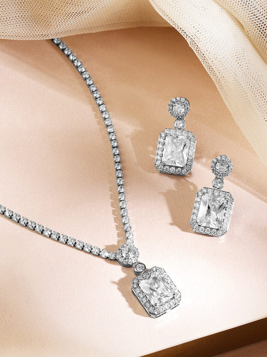 Rubans Rhodium-Plated Sparkling Cubic Zirconia Studded Pendant Necklace Set