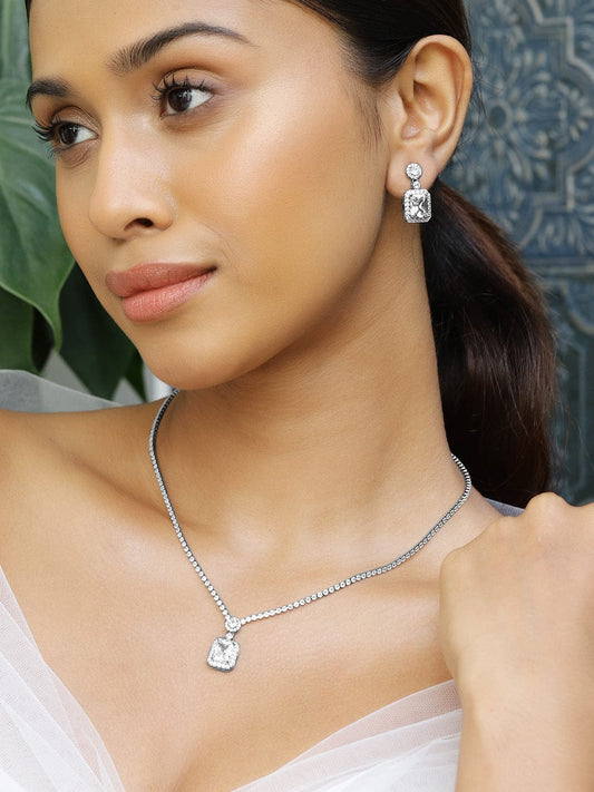 Rubans Rhodium-Plated Sparkling Cubic Zirconia Studded Pendant Necklace Set